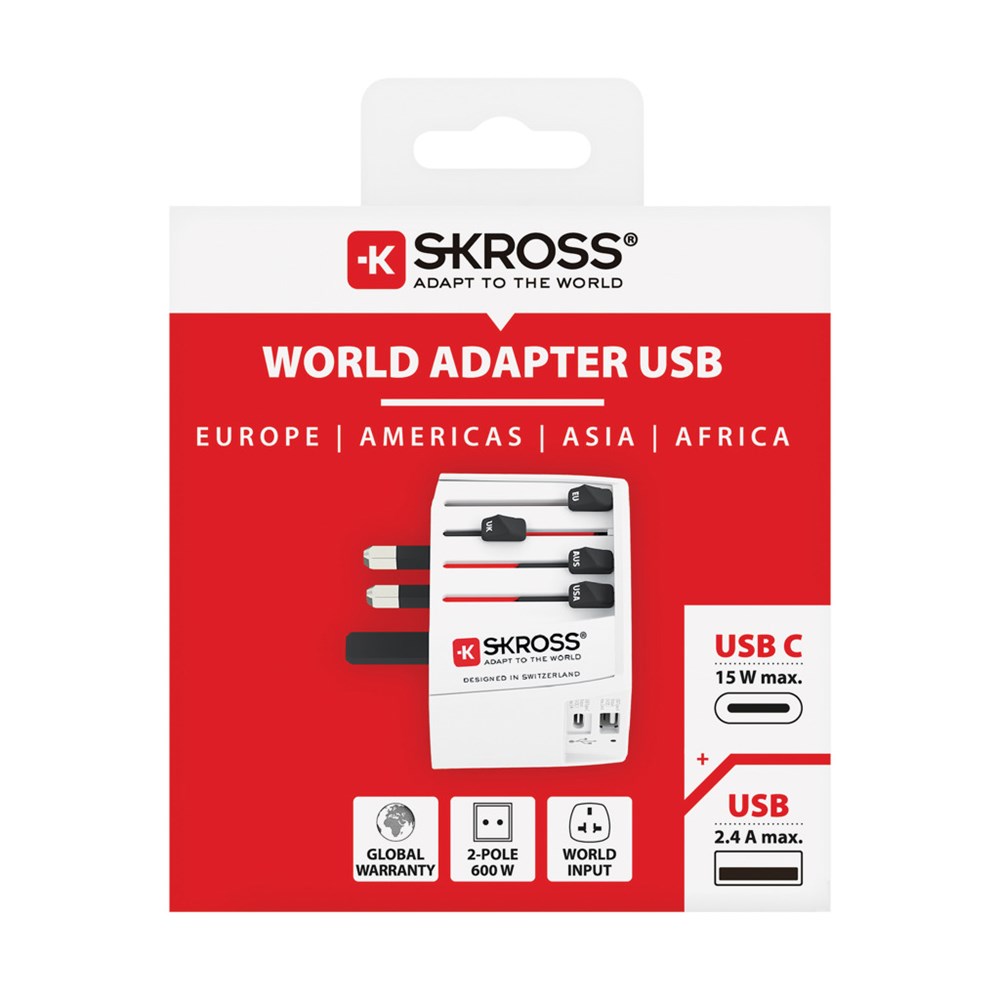 SKROSS MUV 2-polige wereldreisadapter met USB A en C